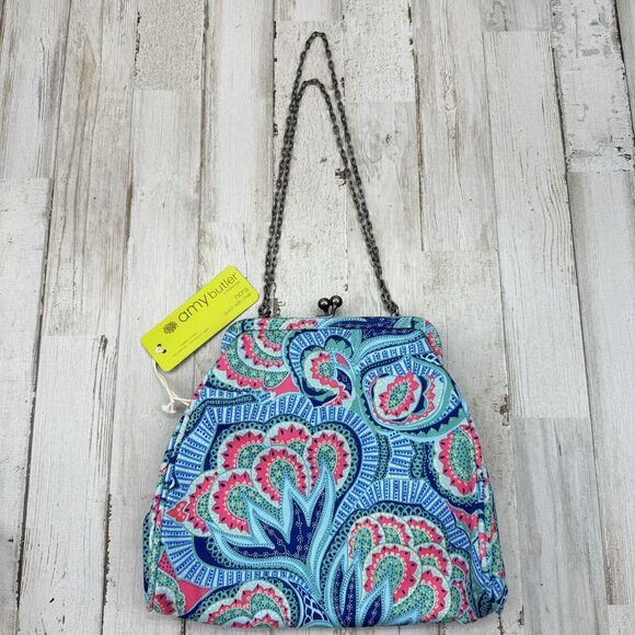 New Amy Butler Nora Clutch With Chain Oasis Azure Tropical Kiss Lock Closure - Picture 6 of 16